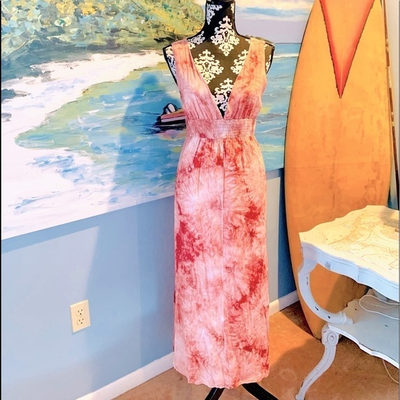 Blush Noir,Beautiful Red, Soft Tie-Dye Maxi Dress, V-Neck & V-Back, EUC, Size M - Picture 2 of 11